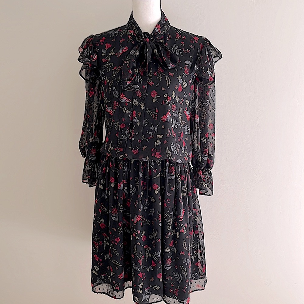 Walter Baker Black Floral Print Midi Dress Long Sleeve Sheer Fabric Ruffle Sz M